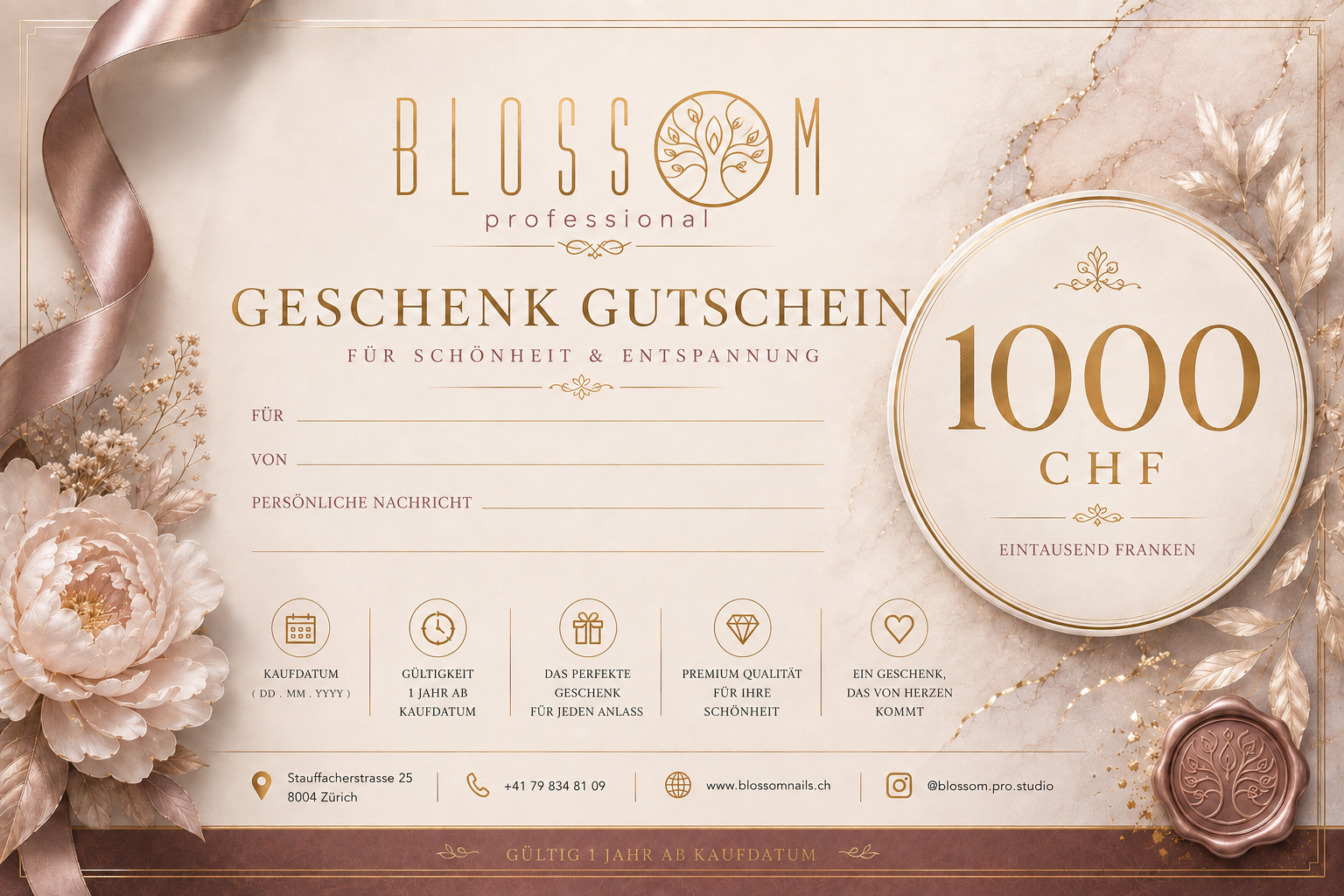 BLOSSOM PRO STUDIO GIFT CERTIFICATE — 1,000 CHF