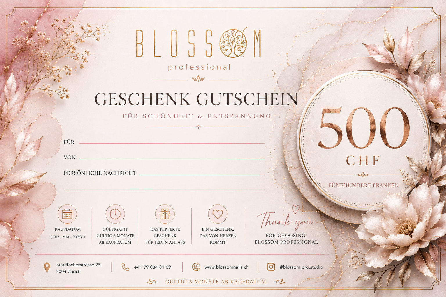 BLOSSOM PRO STUDIO GIFT CERTIFICATE — 500 CHF