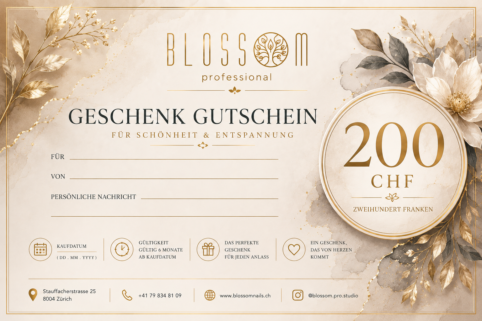 BLOSSOM PRO STUDIO GIFT CERTIFICATE — 200 CHF