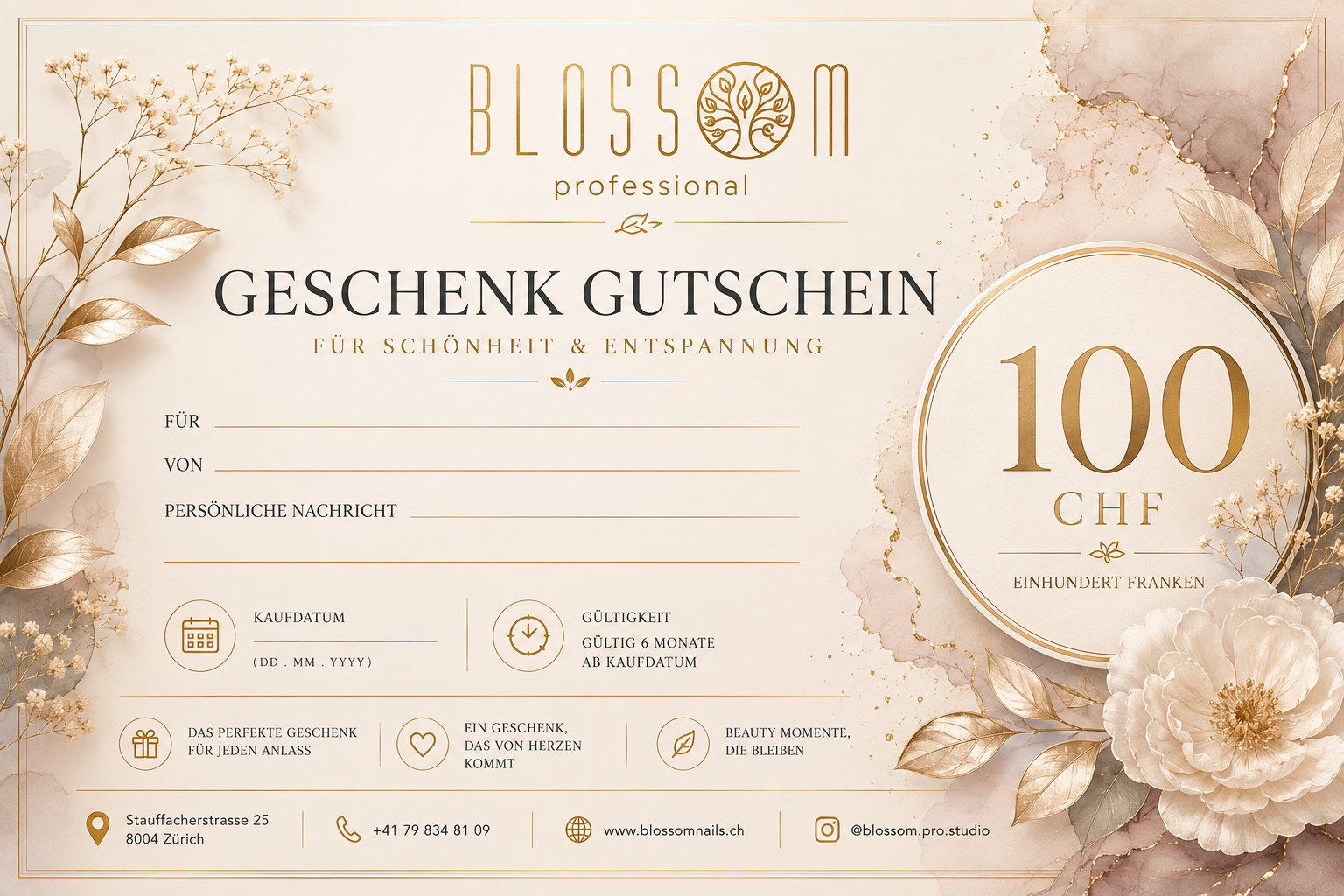 BLOSSOM PRO STUDIO GIFT CERTIFICATE — 100 CHF